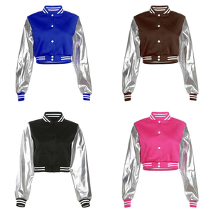 Chaqueta Varsity de Poliéster para Mujer, Talla XL, Primavera/Otoño, Resistente al Viento, con Bolsillos Bordados, Diseño de Parches con Estampado Negro, Estilo Béisbol - Product Image 5