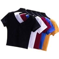 High Quality Ladies Crop Top with <b>V</b> <b>Neck</b> Plain Cropped <b>T</b>-<b>Shirt</b> Customized Logo Eco-Friendly Button Decoration - Product Image 2