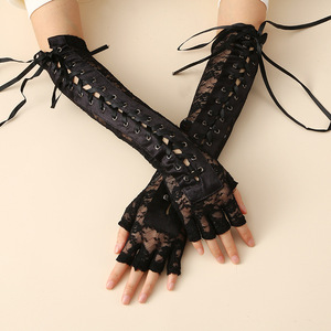 Gants sexy en dentelle mi-doigts pour femmes HZS-25055, longs jusqu'au coude, pour soirée, costume sexy, club, mitaines à ruban - Product Image 3