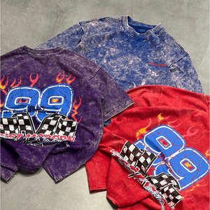 New Arrival Custom <b>Mens</b> Acid Wash Vintage Knitted T-Shirt Embroidery Printed Patch Faded O-Neck Regular Fit Street Style 100% - Product Image 1