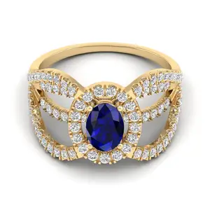 새로운 유행 도매 EXPO 보석 멋진 보석 반지 18K 솔리드 옐로우 골드 진짜 천연 다이아몬드 블루 사파이어 반지 선물