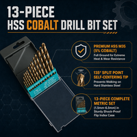Jeu de 13 forets hélicoïdaux HSS Cobalt M35 entièrement affûtés, 1,5-6,5 mm, avec boîte de rangement en plastique à indexation pour acier inoxydable et métal