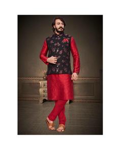 Nouveauté Maruti Fashion Ensemble Kurta Pyjama pour homme en tissu de soie coupe droite avec détails en relief, pour mariage et soirée, passepoil contrasté - Product Image 1