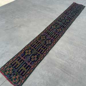 1.3x9.9 ft Turkish Rug, Vintage <b>Runner</b> Rug, Blue <b>Green</b> Southwestern Wool Rug - Product Image 4