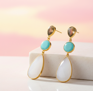 Boucles d'oreilles en quartz fumé et pierre d'eau, argent sterling 925 avec placage or 18 carats, boucles d'oreilles de créateur en forme de poire et de rond - Product Image 3