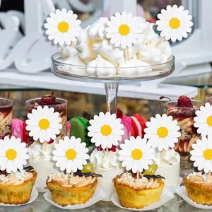 30 buah Daisy Cupcake Toppers Groovy Flower Topper kue Daisy dekorasi kue bunga pilihan untuk musim semi musim panas Baby Shower