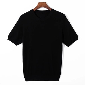 Novedad de verano, suéter de tendencia transpirable suelto con cuello redondo de Color sólido fino de manga corta de punto de lana pura para hombre - Product Image 3