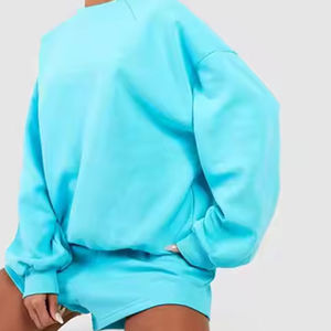 Conjunto deportivo informal de dos piezas para mujer superventas, Sudadera con capucha y pantalones cortos de gran tamaño, técnicas lavadas con patrón sólido - Product Image 5