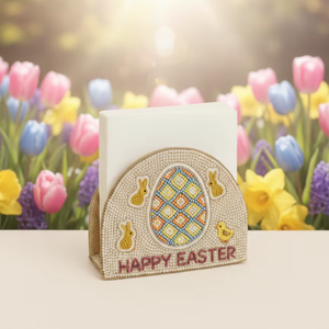 Porte-serviettes de table de Pâques élégant, orné de perles géométriques, motif à sequins à carreaux pastel, cousu à la main, décoration de table de printemps, verre de luxe - Product Image 1