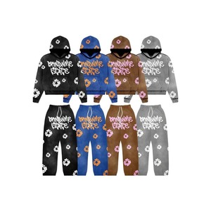 Hot selling Factory Vintage Washed Heavyweight Sweatpants Hoodie <b>Sets</b> Custom Logo Printing Men <b>Embroidery</b> Rhinestone Tracksuits - Product Image 5