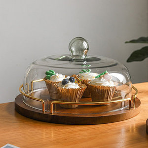 Maison de luxe & Restaurant Décoration de haute qualité Plaque arrondie en bois Support à gâteau avec base de branche et cloche en verre - Product Image 4