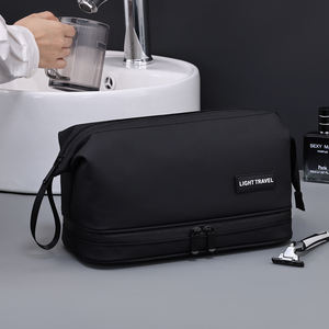 Neceser de dos pisos personalizado, neceser de viaje impermeable, neceser organizador portátil negro y gris para hombre - Product Image 3