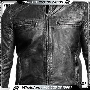 แจ็คเก็ตหนังแกะแท้สำหรับผู้ชายสีเขียวอมม่วงมีซิปตกแต่งโลโก้บุผ้าวิสคอส - Product Image 3