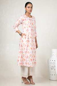 Haute qualité 2025 coton tissu haut luxe Beige imprimé fleuri taille naturelle Anti-rides Kurti porter adapté à chaque saison - Product Image 3