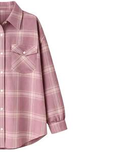 Chemise Tunique Femme Oversize à Carreaux Boutonnée Rose Mauve Manches Longues Décontractée en Flanelle Douce avec Poches Automne Hiver Vente en Gros - Product Image 4