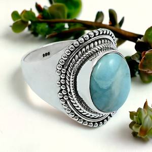 แหวน925พลอยลาริมาร์ธรรมชาติทำด้วยมือสไตล์โบฮีเมียนดีไซน์หรูหราสินค้าออกใหม่ - Product Image 2