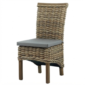 Chaise de salle à manger moderne en rotin tressé naturel avec coussin gris et pieds en bois massif, chaise d'appoint d'extérieur pour patio, salon et usage scolaire - Product Image 1