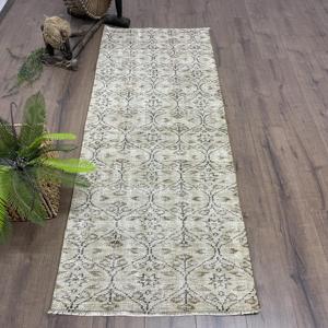 Vintage Turkish Rug 2.6x6.6 ft Gray <b>Brown</b> Southwestern <b>Wool</b> Patchwork Rug with Eco-Friendly Latex Backing - Product Image 1