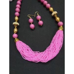 ชุดสร้อยคอลูกปัดสีชมพูหรูหราพร้อมด้ายหลายเส้นเครื่องประดับแฟชั่นอินเดียแบบดั้งเดิมพร้อมต่างหูสำหรับผู้หญิง - Product Image 2