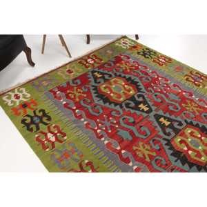 พรมตุรกีวินเทจขนาด 6x9.9 ฟุต พรมขนาดใหญ่ พรมขนสัตว์สีแดงเขียวลายปะติด - Product Image 1