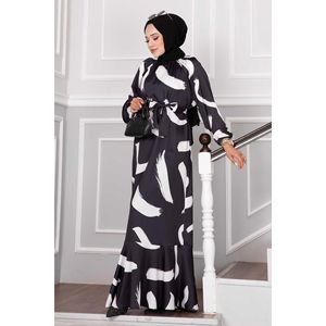Robe Hijab Taille Satinée Ceinturée Noir - Product Image 6