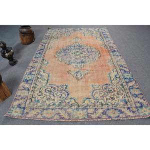 Tapis turc vintage 5.7x9 pieds Orange bleu motif laine et latex tissé plat grande surface pour les décorations de salon - Product Image 1