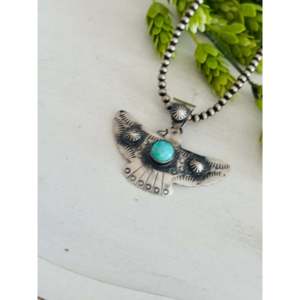 Kingman Turquoise Sterling Silver Pendant Eagle Shape Bezel Setting Rhodium Box Princess Cut Diamond-Chimney Butte Collection - Product Image 3