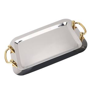 Plateau de service pour collations de table, pour la maison et l'hôtel, plateau de présentation de desserts sucrés, fabriqué en métal argenté avec poignée dorée, en vente en gros - Product Image 1