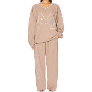 New Arrival Custom Logo Beige Sweatsuits Full Sleeves Sweatshirts Tracksuits For Women's Outdoor Breathable Highstreet Women Set - Product Image 1