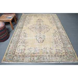 Vintage Beige tapis turc 5ft 9in X 8ft 6in classique grande surface laine fourrure abstrait Patchwork couloir Rectangle Latex pour - Product Image 1