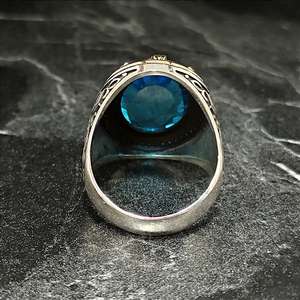 Anillo Floral Vintage Hecho a Mano para Hombre con Aguamarina Ovalada y Circonita Azul, Anillos de Plata de Ley 925 con Piedras Preciosas - Product Image 6