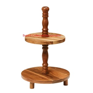 Creative Brown 3 Tier Acacia Wood Cake Stand Wooden Dessert Serving <b>Tray</b> With Handle <b>Buffet</b> Decor For Kitchen And Restaurant Use - Product Image 3