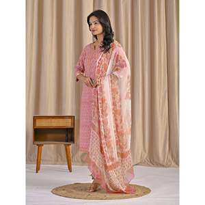 Hand Drawn Pink <b>Block</b> <b>Printed</b> Cotton Anarkali Kurta Pant Set Pakistani Style Indian Ethnic Wear with Salwar - Product Image 5