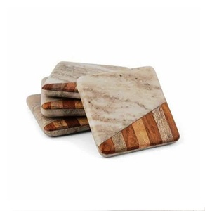 Round Marble Acacia Wood Coasters <b>Set</b> of 4 Natural Wood And Marble Mango coaster Made In India - Product Image 3
