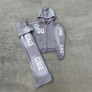 Diseño personalizado Sun Faded bordado parche apilado pistas traje Unisex peso pesado Sudadera con capucha y pantalones de chándal conjunto chándales acampanados hombres - Product Image 2