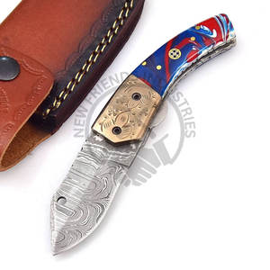 Portable Handmade Damascus Steel Folding Pocket Knife Engrave Brass Bolster Resin Handle-Multi-Functional Camping EDC Knife - Product Image 6