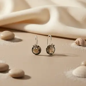 Boucles d'oreilles pendantes en argent plaqué or 18 carats avec quartz fumé, zircon et perle - pour les mariages et les fêtes - Product Image 1