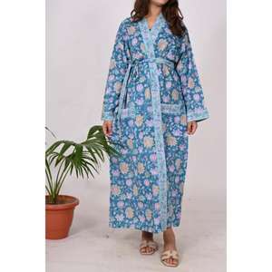 Kimono de algodón ligero Bata Bloque de mano Impreso Floral Albornoz de verano con cintura natural de longitud completa - Product Image 2
