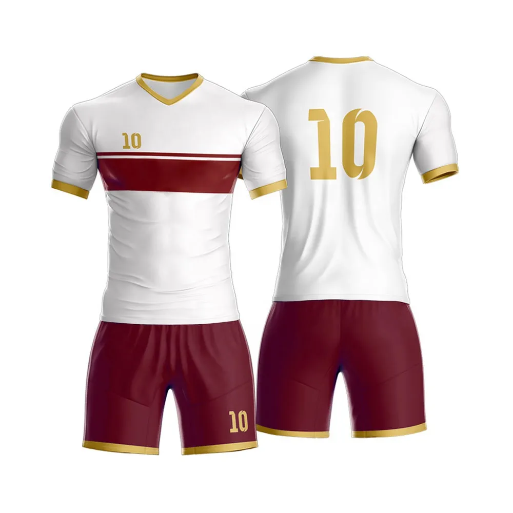 Wholesale Customized Soccer Uniforms For Unisex Custom Sublimation Football Kit White Maroon T Shirt And Short Set For Men