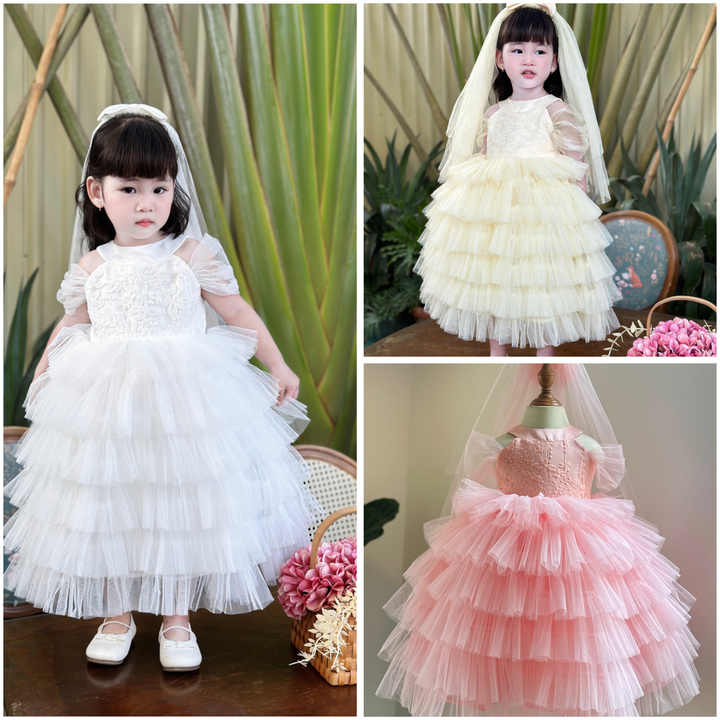 High Quality Satin Princess Dress for Girls Long Bridesmaid Dress with Veil OEM ODM Kid Clothes Party Style Made in Vietnam