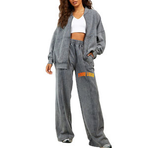Custom Acid Washed Sweatsuits Designer High Quality Heavyweight Baggy Hoodie and <b>Sweatpants</b> Set Zip up Tracksuit <b>for</b> <b>Women</b> - Product Image 6