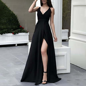 Robe longue en crêpe pour femme, à bretelles, avec fente profonde, modèle 37942 - Noir - Product Image 3