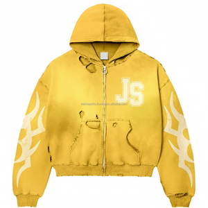 Sudadera con cremallera para mujer 380 GSM tela polar de algodón color amarillo lavado desgastado logotipo personalizado bordado estampado básico sudaderas con capucha - Product Image 1