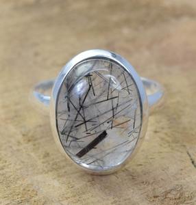 Anillo clásico joyería para mujer plata estilo bohemio joyería 925 plata esterlina negro rutilo piedra preciosa anillo hecho a mano regalo para esposa - Product Image 1