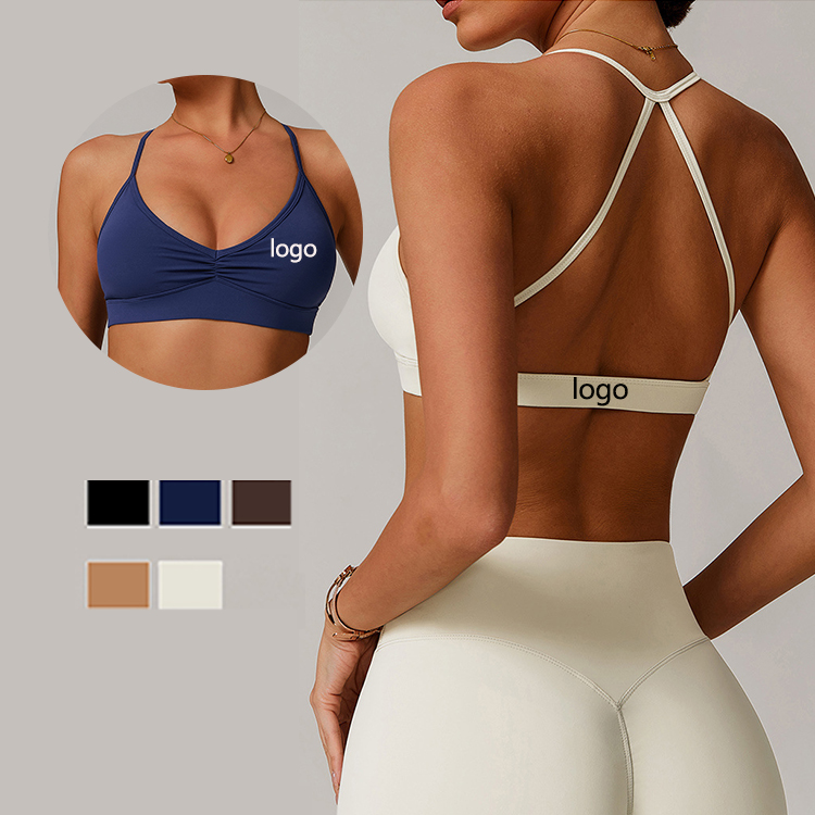 Breathable Quick-drying V-neck Yoga Bra Cross Back Pleated Underwear Running Sports Fitness High Impact Sports Bra for Women
