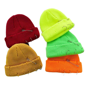 Bonnet trou vieilli automne hiver bonnets tricotés jacquard couleur unie à revers acrylique tricot personnalisé bonnets chapeaux pour unisexe - Product Image 5