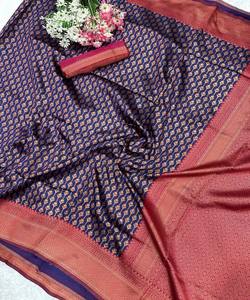 Sari Moderno de Seda Lichi con Trabajo de Tejido Banarasi, Blusa Sin Coser, para Fiestas, Todas las Temporadas, Precio al por Mayor, Prenda Étnica, Azul Marino - Product Image 2