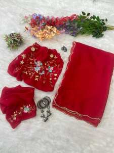 พรีเมี่ยมผ้าจอร์เจียประดับด้วยงานมือที่สวยงามพร้อมคอลเลกชั่นส่าหรีชายแดนสำหรับผู้หญิง - Product Image 6