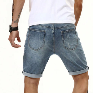 Pantalones cortos de mezclilla de cintura media informales de tendencia de moda de verano para hombre, patrón de puntos de lona, lavado oscuro, bolsillo desgastado, dobladillo de pie bordado 100% - Product Image 4