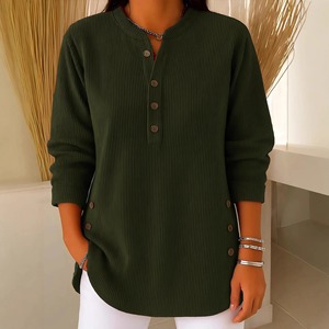 Camiseta Holgada de Manga Larga con Cuello en V y Botones para Mujer, Estilo Casual de Otoño, Color Sólido, Talla Grande - Product Image 4